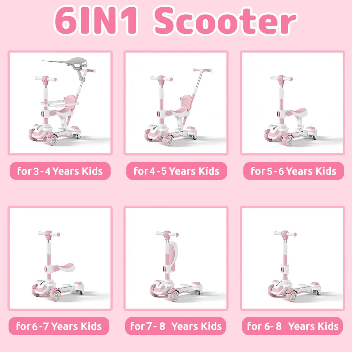 Neuleb 4-Rad-Roller für Kinder von 3 bis 8 Jahren, Kick-Roller mit drehbarem Sitz, maximale Tragkraft 100 kg, höhenverstellbar, Lenkung durch Neigen, für Jungen und Mädchen geeignet, rosa