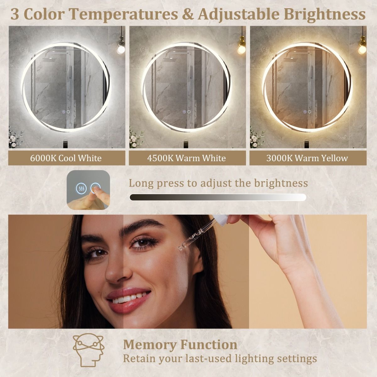 Coast 60x60 cm LED-Badezimmerspiegel Rund Silber mit dimmbarer 3-Farben-Beleuchtung, Anti-Beschlag und Memory-Funktion