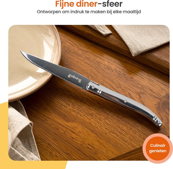 Goliving Steakmesser - Fleischmesser - Spülmaschinenfest - 6-teiliges Steakmesser-Set - Edelstahl - Messerset - Gezacktes Messer - Silber