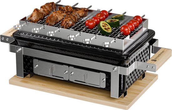 KitchenBrothers Kamado Hibachi Grill - PFAS frei - mit Grillrost und Stöcken - Holzkohlegrill - Shichirin Tischgrill - Rechteckiger BBQ - Keramikgrill - Schwarz