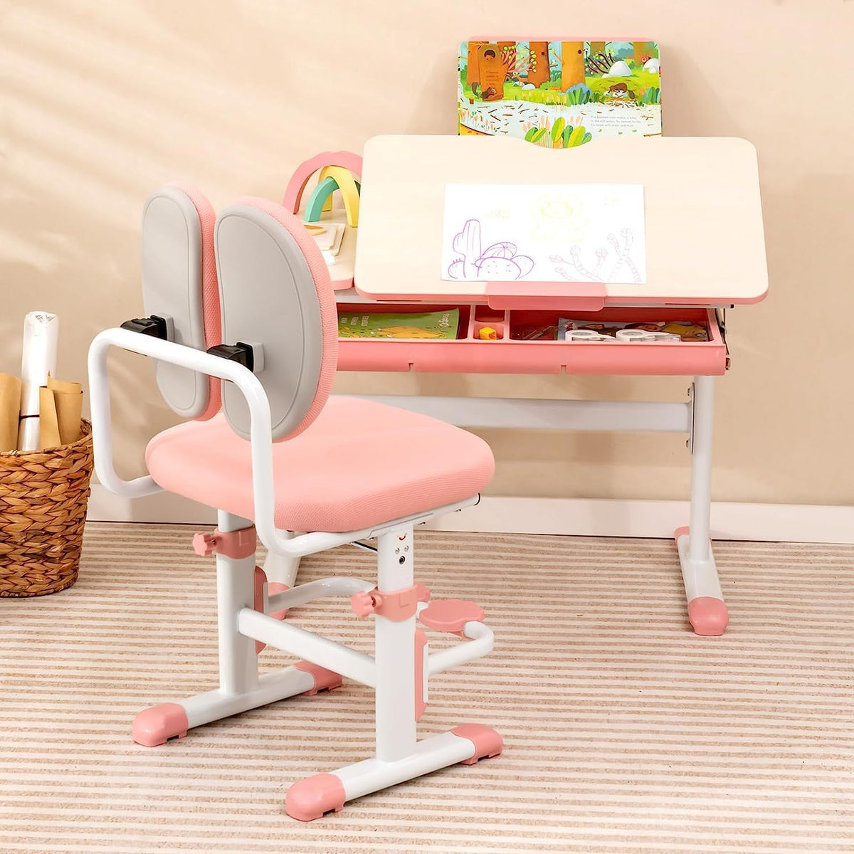 Coast Kinderschreibtisch mit Stuhl - Höhenverstellbar - Max. 110 kg - 80 x 52 x 73 cm - Rosa
