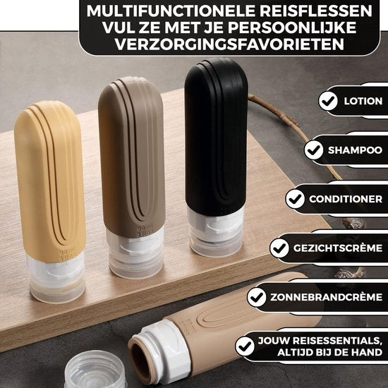 EverNeeds Reiseflaschen mit Etui - Nachfüllbar - Silikon-Reiseflaschen Handgepäck - Aprikose - 4 Stück