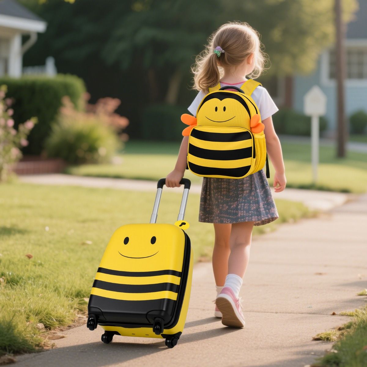 Coast Kinderkoffer- und Rucksack-Set – Bienenmotiv – Mit Rollen und Sicherheitsband – Gelb