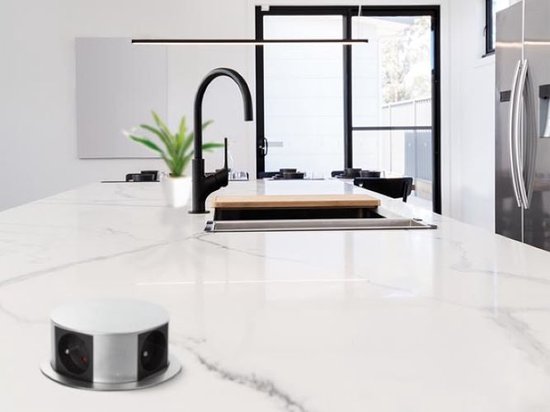 Perel Pop-up-Steckdose, 4 Steckdosen mit Stifterdung (Typ E), Einbauöffnung 121 mm, Innenbereich, schwarz/grau