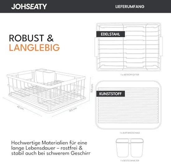 JOHSEATY Geschirrständer mit Holzgriff - 42 x 32 cm, rostfrei mit Besteckhalter, Geschirrständer, Geschirrständer, Küchengeschirrständer, Geschirrständer