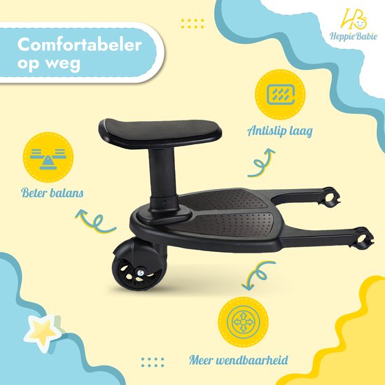 Heppie Babie Mitfahrbrett - Für Kinderwagen oder Buggy - Mit Sitz und Getränkehalter - schwarz