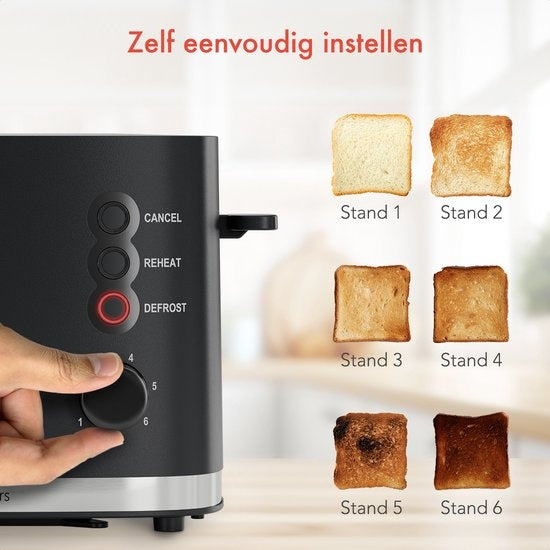 KitchenBrothers Toaster - Toaster - 6 Heizstufen - 2 extra breite Schlitze - 870W - Schwarz