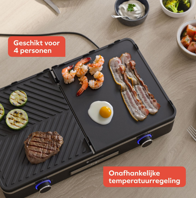 KitchenBrothers Elektrische Grillplatte KB4204 - 2400W - 2 Zonen - Gerippt & Flach - Schwarz - 50x30 cm
