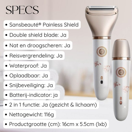 2-in-1 Ladyshave + 2 Extra-Scherköpfe - Gesicht - Achseln - Beine - Bikinizone - Rasierer Frau - Elektrischer Epilierer - Haarentferner Damen - Trimmer Frau - Intimzone Schamhaare - Ladyshaves Bikini