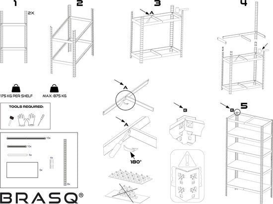 BRASQ Regalschrank Schwarz 2er Set - Metall Lagerregal - Speisekammer - Wandschrank - Lagerregal 180x90x40 - 5 Lagen - 175 KG pro Fachboden - max 875 KG