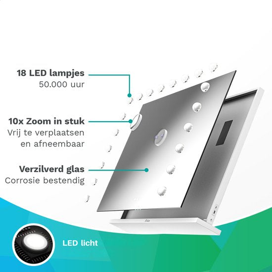 Mirlux Large Hollywood Mirror - 80x60CM - 2 Bluetooth-Lautsprecher - USB & USB-C Ladeanschlüsse - LED-Beleuchtung - Schminkspiegel - 10x Zoom - Aufhängbar - Weiß