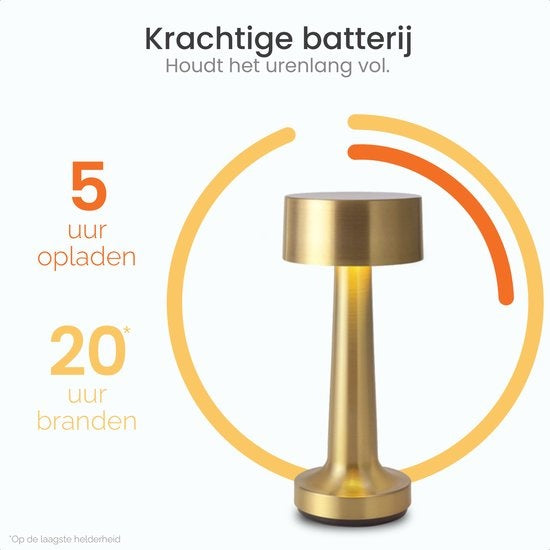 Goliving Tischlampe Wiederaufladbar - Kabellos und dimmbar - Moderne Touch-Lampe - Nachtlampe für das Schlafzimmer - 21 cm - Gold