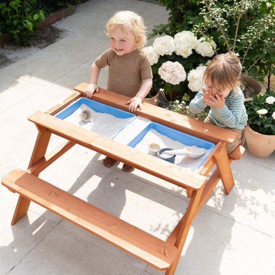 Sunny Dave Zand & Water Picknicktisch in Braun für Kinder – Multifunktionaler Picknicktisch mit 2 herausnehmbaren Kunststoffbehältern – FSC-zertifiziertes Holz