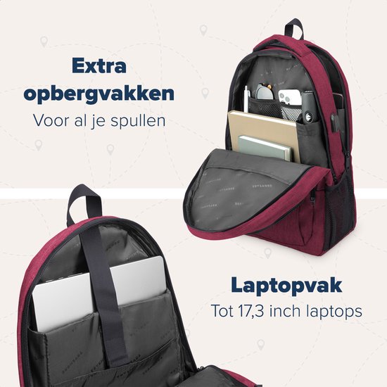 TRVLMORE Rucksack - Rucksack mit 17.3 Zoll Laptopfach - Schultasche - Spritzwassergeschützt - Männer und Frauen - Jungen und Mädchen - 36L - Burgunderrot