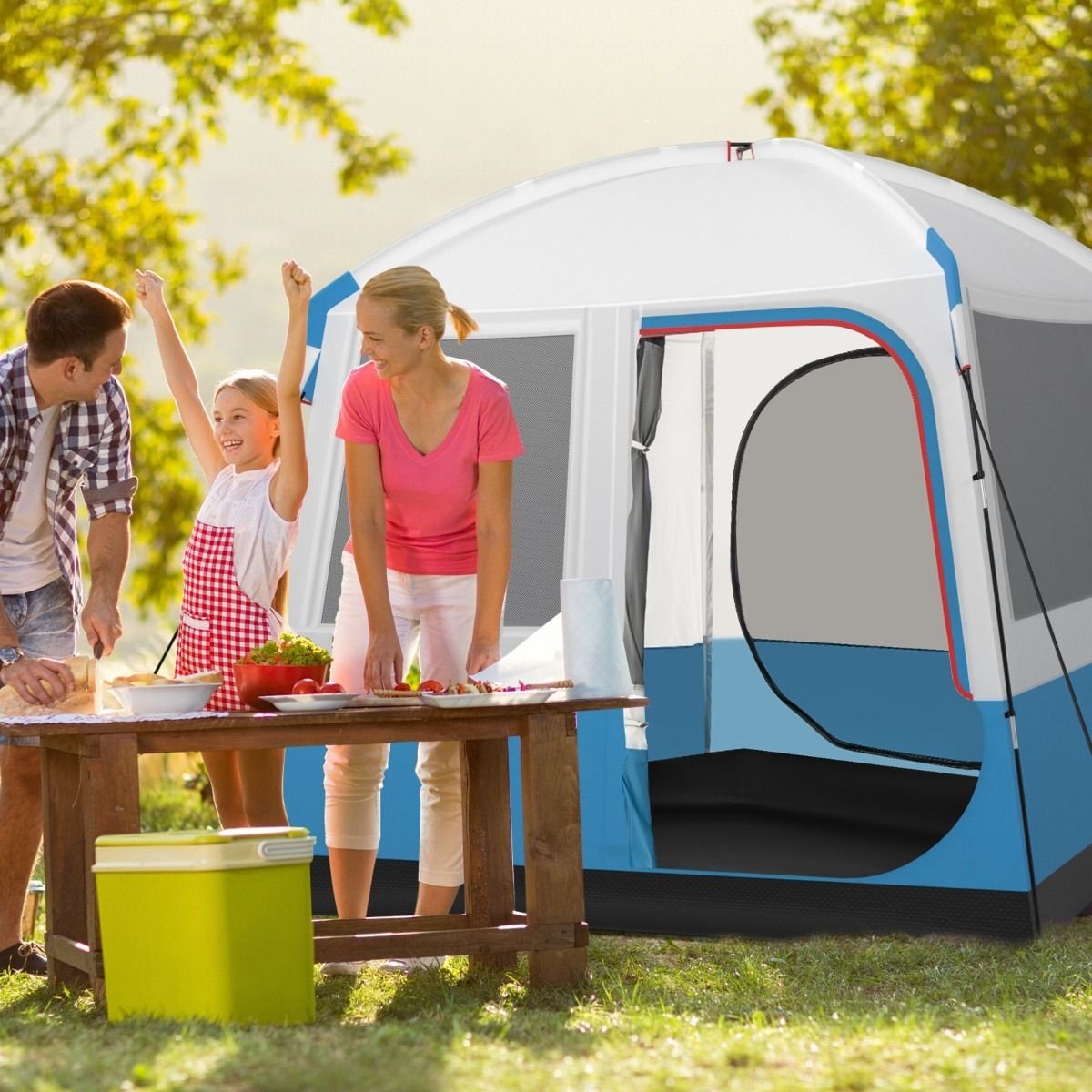Coast Campingzelt für 5 Personen - Große Netztür und Bodenplane - Wasserdicht - 248 x 248 x 230 cm - Blau/Weiß