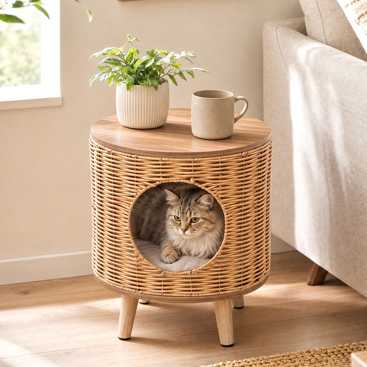 Coast Katzenhaus mit Rattanrahmen – abnehmbares Kissen – auf Füßen – naturfarben – 36 x 41 cm