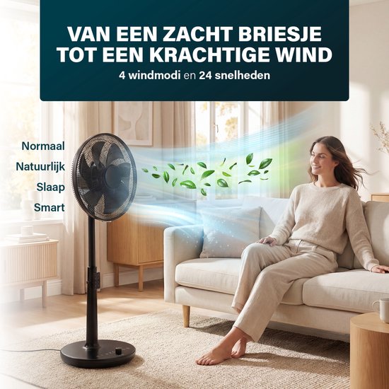 Princess DC Standventilator – besonders leise – ⌀40 cm – 24 Geschwindigkeitsstufen – Höhenverstellbar – 4 Windmodi – 1–24-Stunden-Timer – 90°-Oszillation – Mit Fernbedienung – 354860