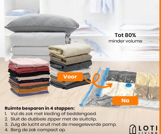 Loti Living Vakuumsack-Set - 14 Stück / 4 Größen - inkl. Handpumpe - Wiederverwendbare Aufbewahrungsbeutel für Kleidung, Steppdecken & Reisen - Spart bis zu 80% Platz