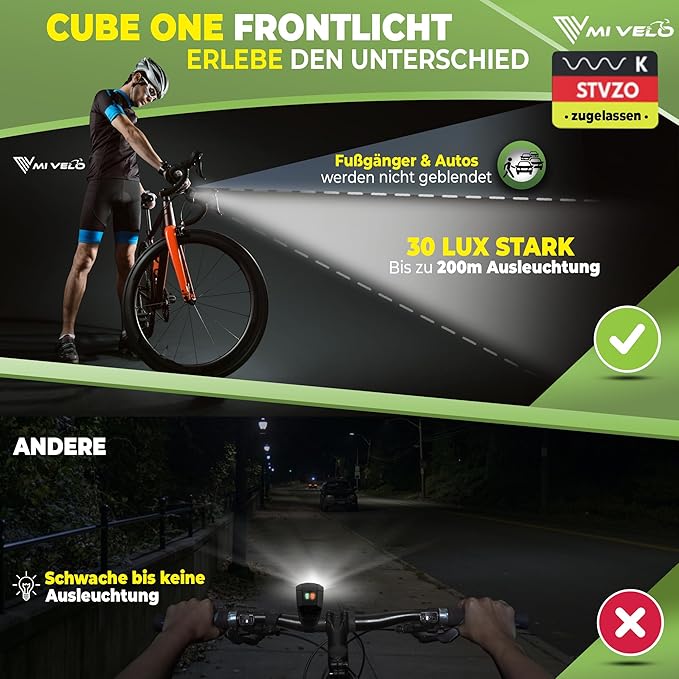 MIVELO - Fahrradlicht - USB Wiederaufladbar - 100% Wasserdicht - IPX5 - Schwarz