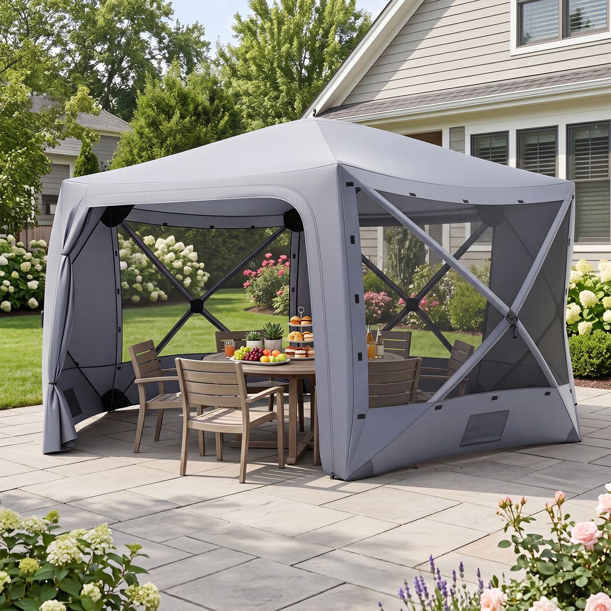 Coast Pop-up-Gartenpavillon – sechseckig – mit 6 Seitenwänden und Moskitonetzen – grau 427 x 427 cm