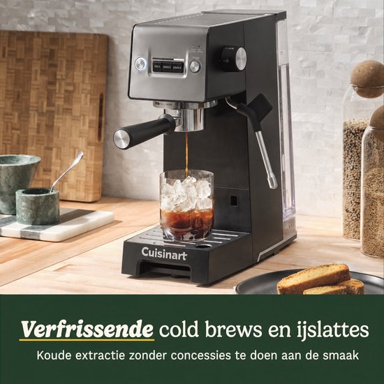 Cuisinart Slim Espresso-Kolbenmaschine für Espresso Americano und Cold Brew mit integriertem Milchaufschäumer für Latte und Cappuccino, 15 bar Druck, Portafilter ohne Boden, kompaktes Design, geeignet für Reisebecher, 1,5 l Wassertank