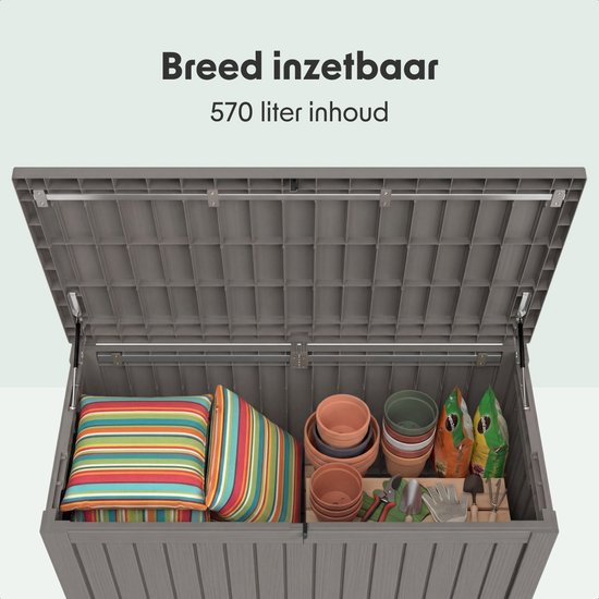 LifeGoods Aufbewahrungsbox - 570L - Kissenbox - Wasserdicht - Garten-Kissenbox - Rostfrei - Gartenbox - 137.5x66.5x72.8 cm - Grau