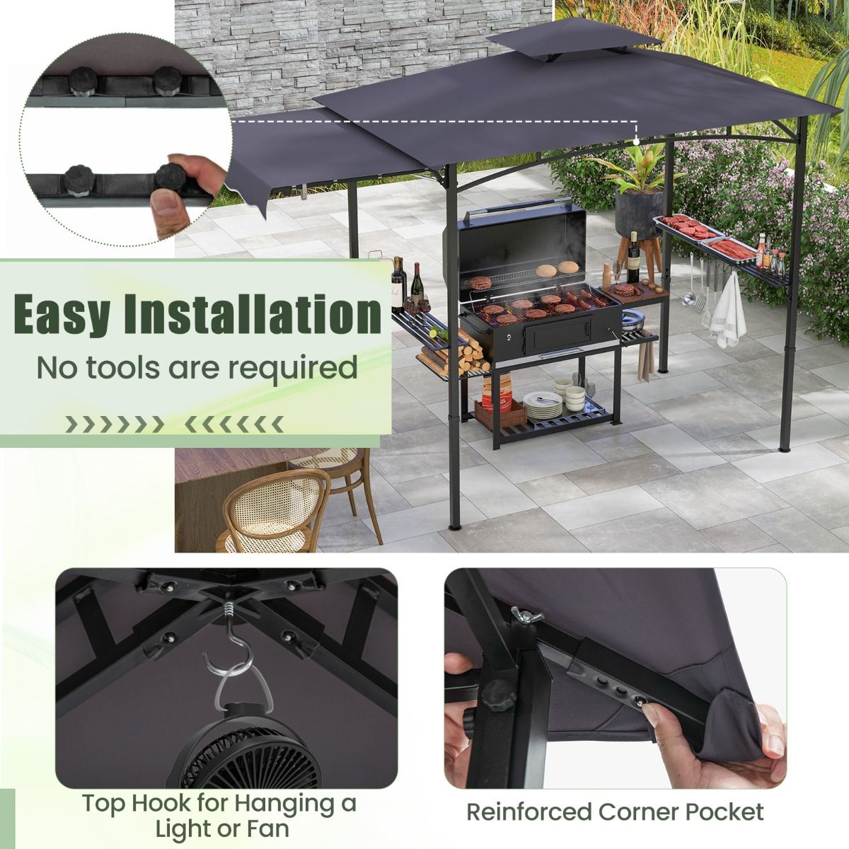 Coast Grillpavillon mit Seitenmarkise und Doppeldach 318 x 153 x 250 cm Dunkelgrau - Inklusive Seitenablagen und Haken