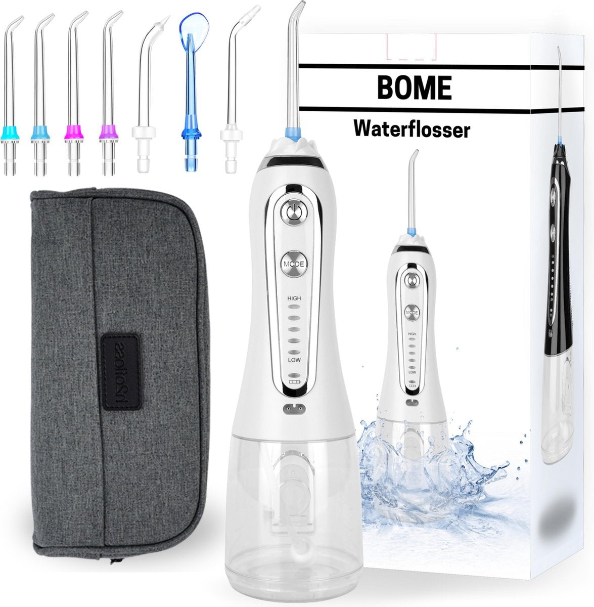 BOME Water Flosser mit 7 Aufsätzen - Mundspülung - Zahnstein vorbeugen - kabellos - 5 Stufen - Weiß