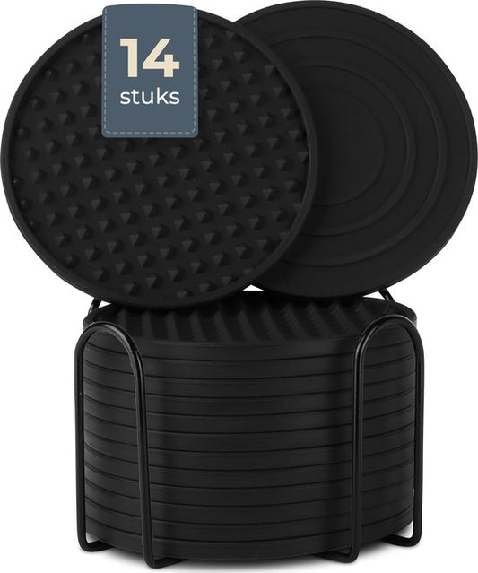 Castagnola Silikon-Untersetzer - Untersetzer für Gläser - Design-Untersetzer mit Halter - Untersetzer-Set - Anti-Rutsch - 14er-Set - Schwarz