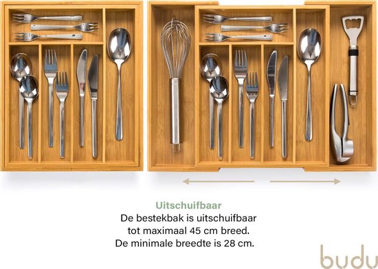 Budu Extendable Bamboo Cutlery Tray #33.5 (33.5 cm tief) - Besteckkassette Holz - Besteckschublade - 33.5 x 28 - 45 cm - 5/7 Fächer