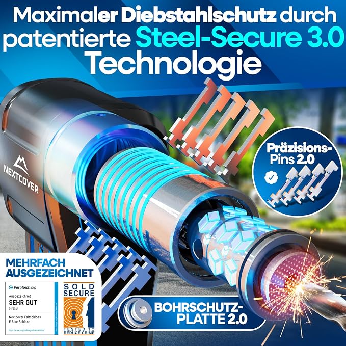 NEXTCOVER Faltschloss für Fahrräder – 100 cm – gehärteter Kohlenstoffstahl – inklusive 3 Schlüsseln