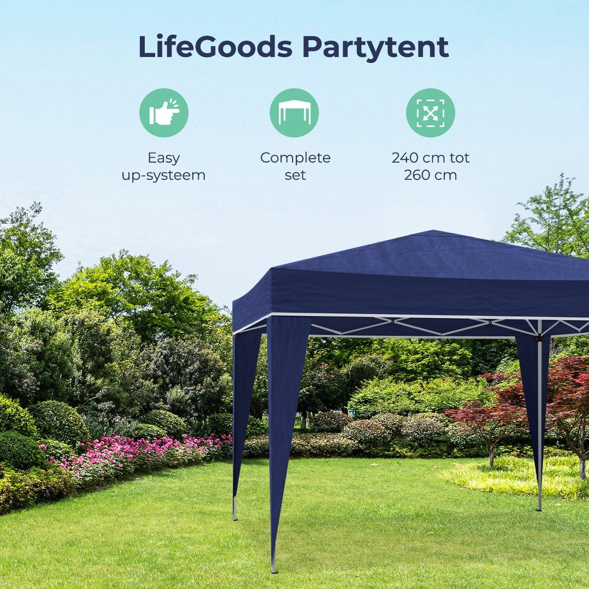 LifeGoods Partyzelt - Pavillon - 3x3 m - leicht aufbaubar - faltbar - wasserdicht - Tragetasche mit Rädern - blau