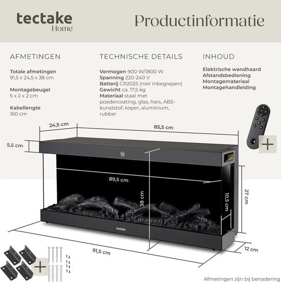tectake® Wandkamin - Elektrokamin - Atmosphärischer Kamin - 900W & 1800W - Steuerung per Fernbedienung oder App - mit Thermostat - Ofen - mit Heizung - Kamine - mit Holz- und Glüheffekten - 3D Flammen - Timer - 9 Farboptionen