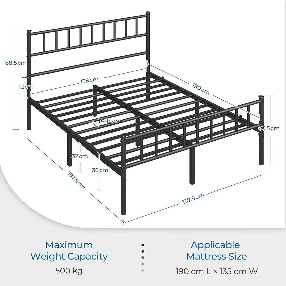 Yaheetech Bettgestell 4ft6 – 500 kg – mit Kopfteil – 32 cm Stauraum unter dem Bett – Schwarz