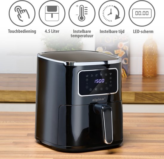 alpina Airfryer 4.5L- Heißluftfritteuse für 3 bis 4 Personen - Heißluftfritteuse mit Digitalanzeige - Einstellbare Temperatur von 80°C bis 200°C - Timer bis zu 60 Minuten - Heißluftfritteuse 1450W