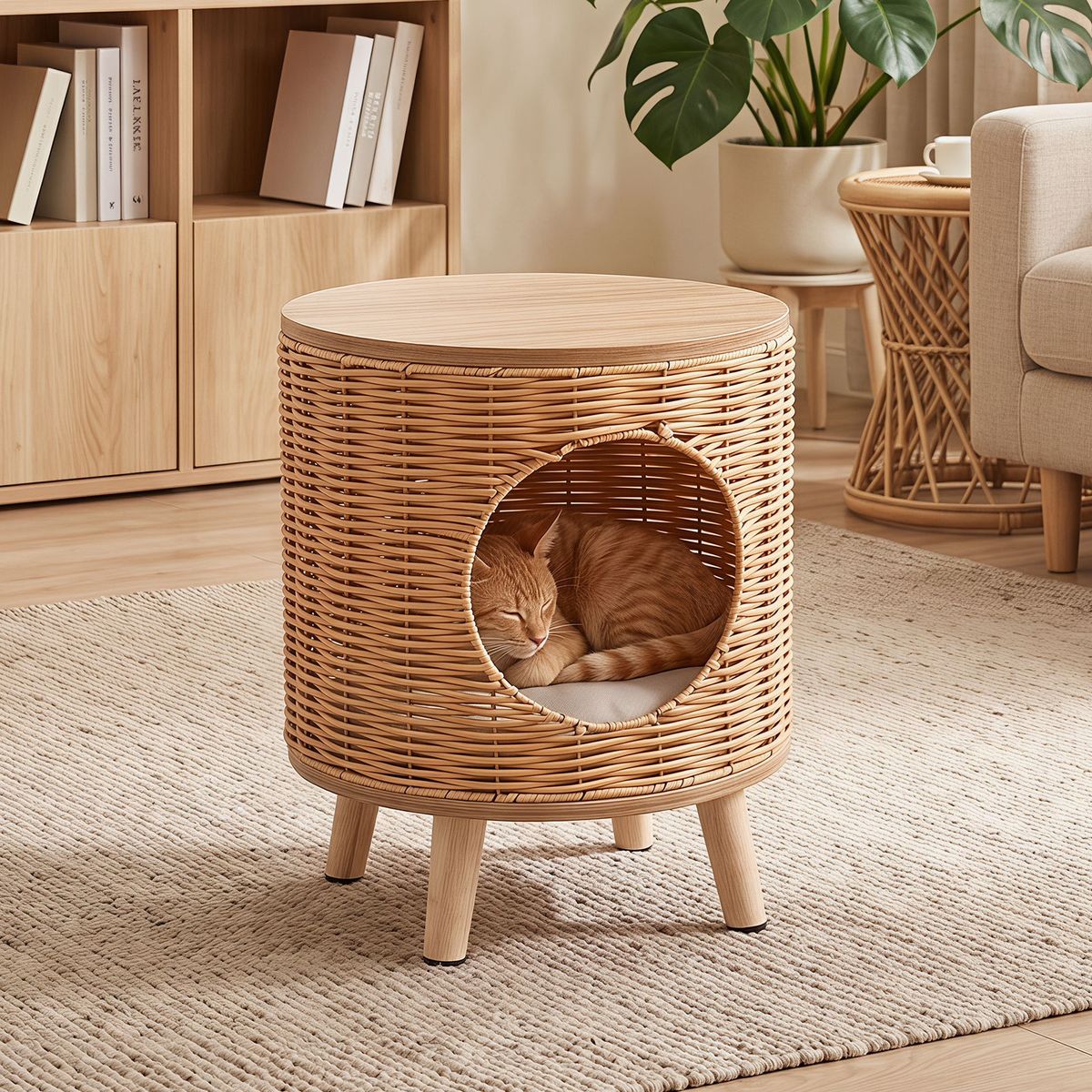 Coast Katzenhaus mit Rattanrahmen – abnehmbares Kissen – auf Füßen – naturfarben – 36 x 41 cm