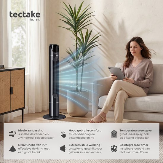 tectake® Großer Ventilator mit Fernbedienung – 110 cm – Schwenkbarer Ventilator mit 3 Geschwindigkeitsstufen – Turmventilator – Leiser Standventilator mit verschiedenen Windmodi + Timer – Luftkühler – Schwarz