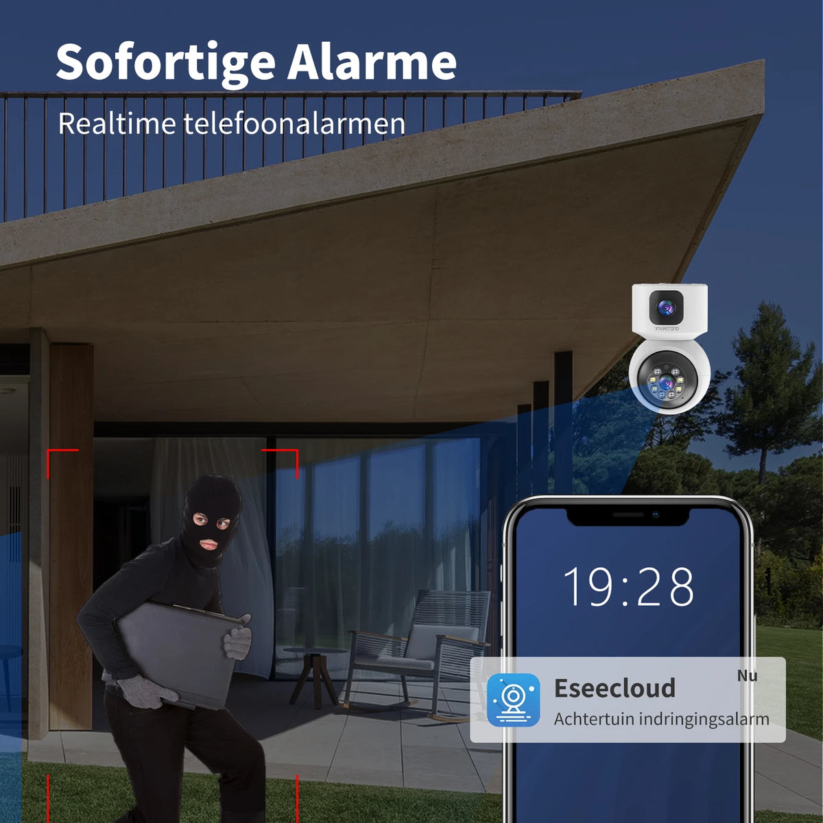 Juancloud-Überwachungskamera für den Innenbereich mit zwei Objektiven – 2K Ultra HD mit Nachtsicht – Zwei-Wege-Audio und KI-Bewegungserkennung – Weiß