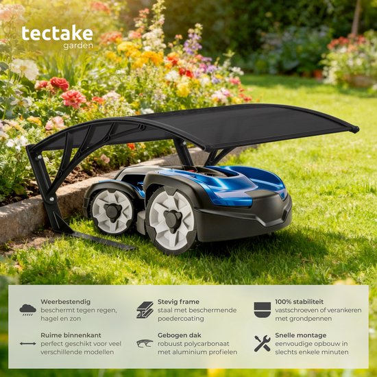tectake® Garage für Rasenmähroboter - Rasenmäher-Carport - Überdachung der Ladestation für Rasenmäher - Wetterfest - 81 x 100 x 48 cm - Inklusive 4 Erdnägel - Schwarz