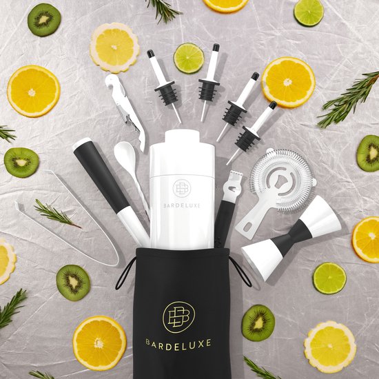 BarDeluxe® Cocktail Set - 12-teilig - Cocktail Shaker 750 ml - Edelstahl - Inklusive luxuriöser Geschenkbox - Aufbewahrungstasche & Rezeptbuch - Weiß