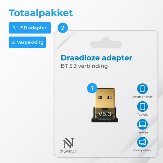Nuvance Bluetooth-Adapter - 5.3 - Bluetooth-Empfänger - USB - Bluetooth-Dongle PC - Geeignet für Windows 11/10/8/7