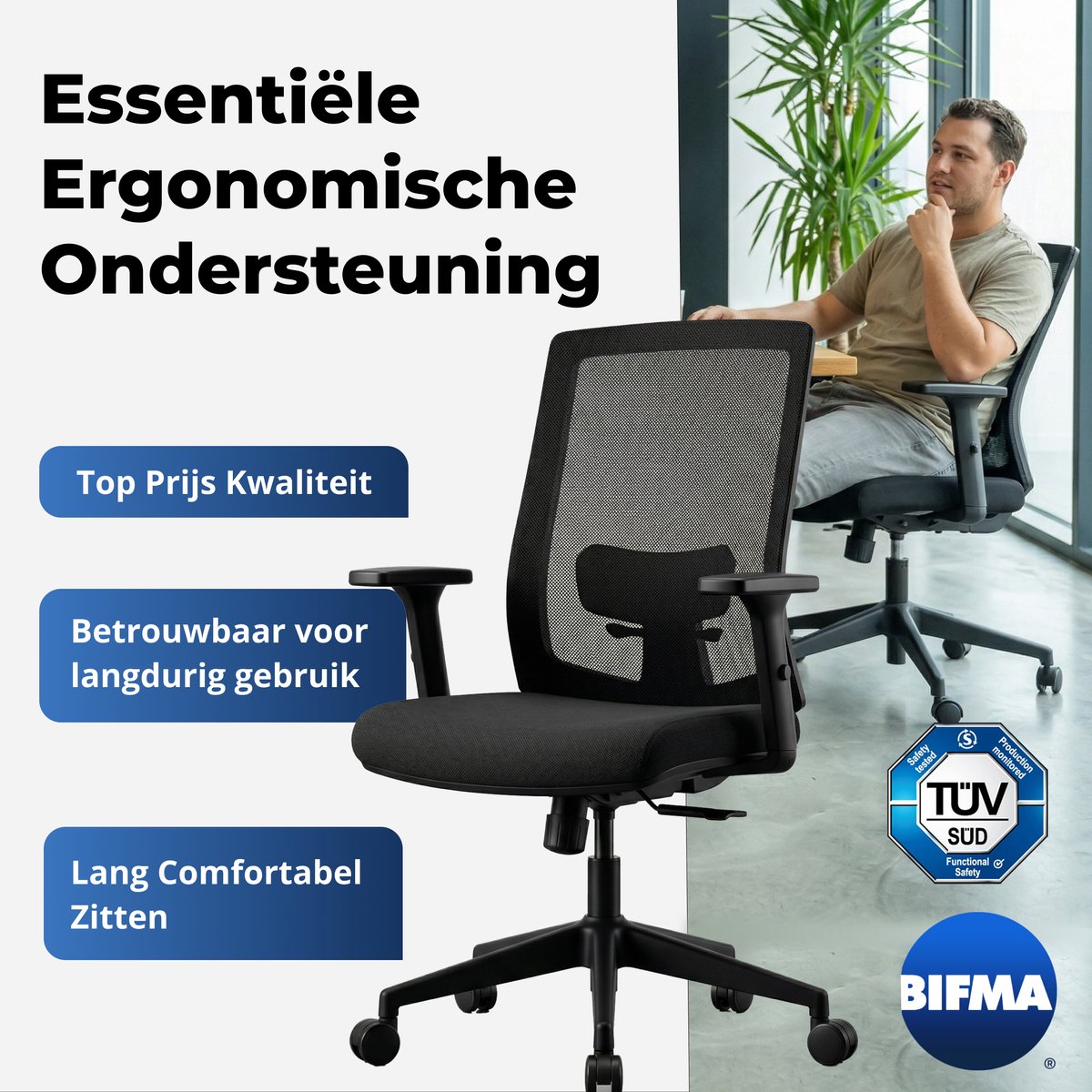 Backerz Low Mesh Bürostuhl Schwarz – 51 cm Sitztiefe – Ergonomisch – Bis zu 140 kg