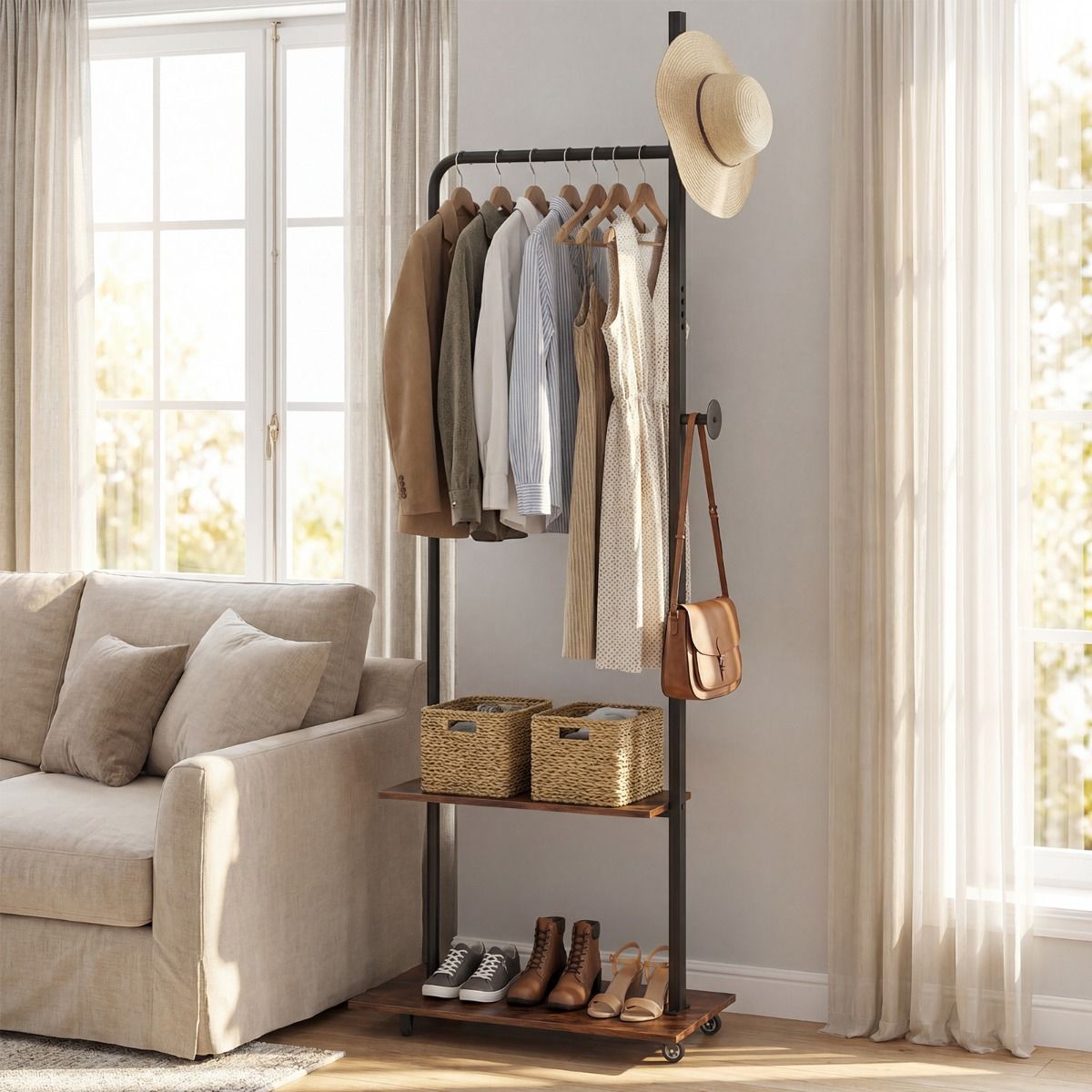 Coast Kleiderständer mit Kleiderstange – 2 Haken und 2 Ablagebretter – Metallgestell – 60 x 30 x 175 cm – Braun