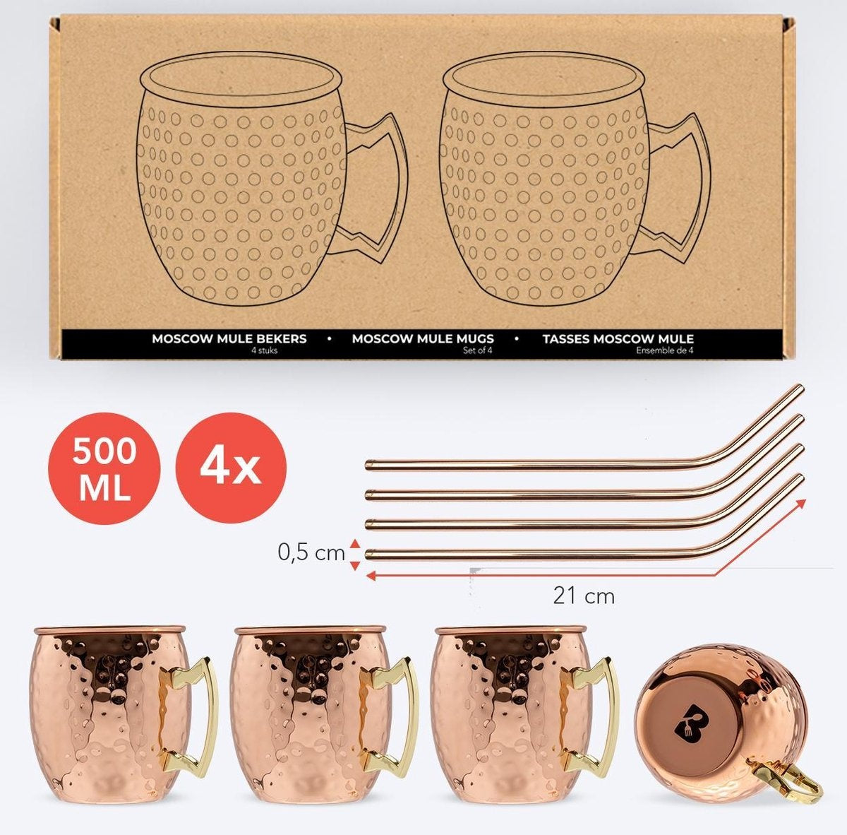KitchenBrothers Moscow Mule Cups - Cocktailgläser mit Strohhalm - 4 Stück - gekupfert - 500ML