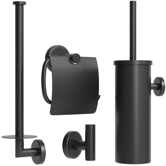 Avalo Toilettenzubehör Set Schwarz 4-teilig - Luxus-Toilettengarnitur - Toilettenbürste mit Halter / Toilettenpapierhalter / Ersatzpapierhalter / Handtuchhaken - inkl. Befestigungsmaterial