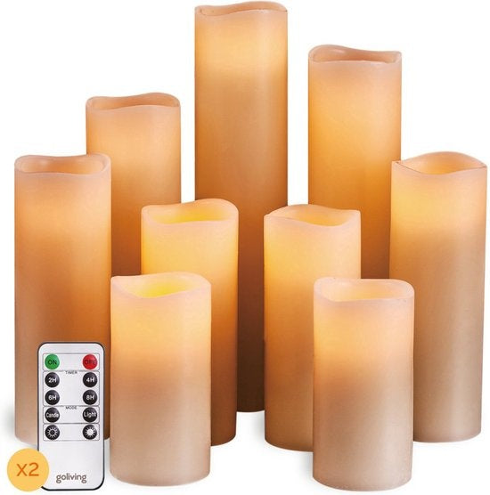 Goliving Led-Kerzen mit Fernbedienung - Bewegliche Flamme - echtes Wachs - 2x Fernbedienung - 9er Set