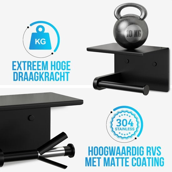 Strex Toilettenpapierhalter mit Ablage - Schwarz - Selbstklebend / Bohren / Kein Bohren - Toilettenpapierhalter - Toilettenpapierhalter