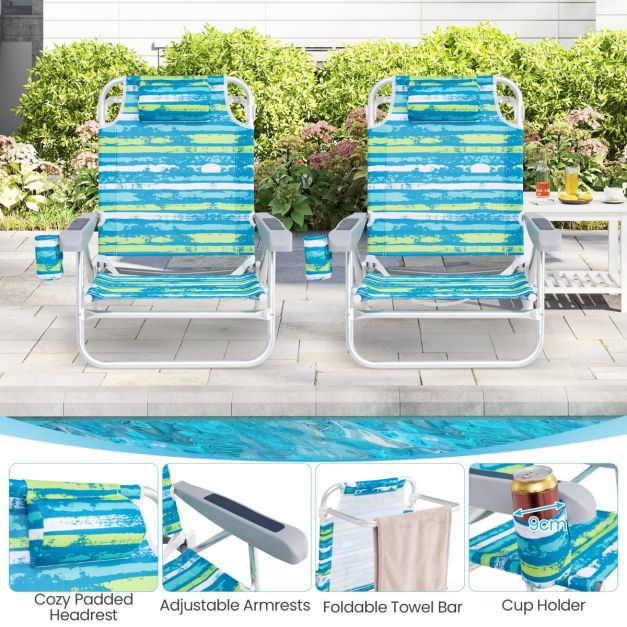 Coast Klappbare Strandstühle 62 x 54 x 80 cm – 2er-Set – 5 Neigungsstufen – Getränkehalter – Grün