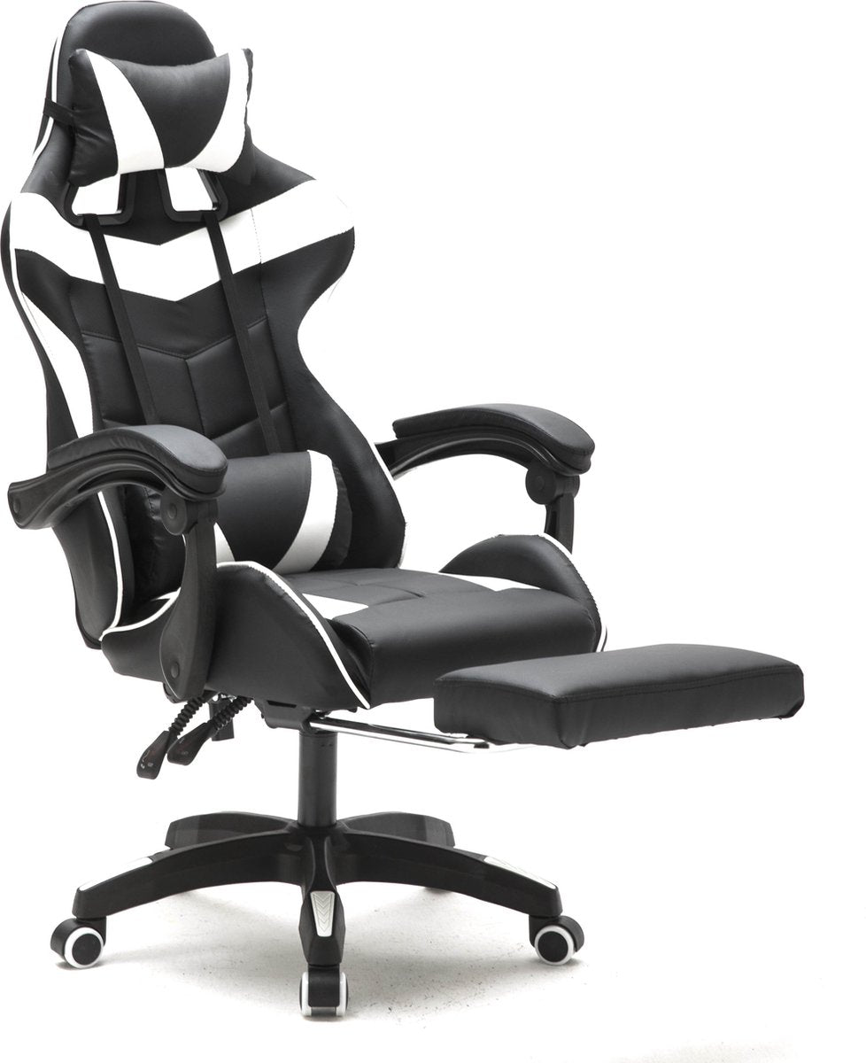 VDD Game Chair - Ausziehbar - Max. 110kg - Inkl. Nackenkissen - 128 x 63 x 50cm - Schwarz & Weiß
