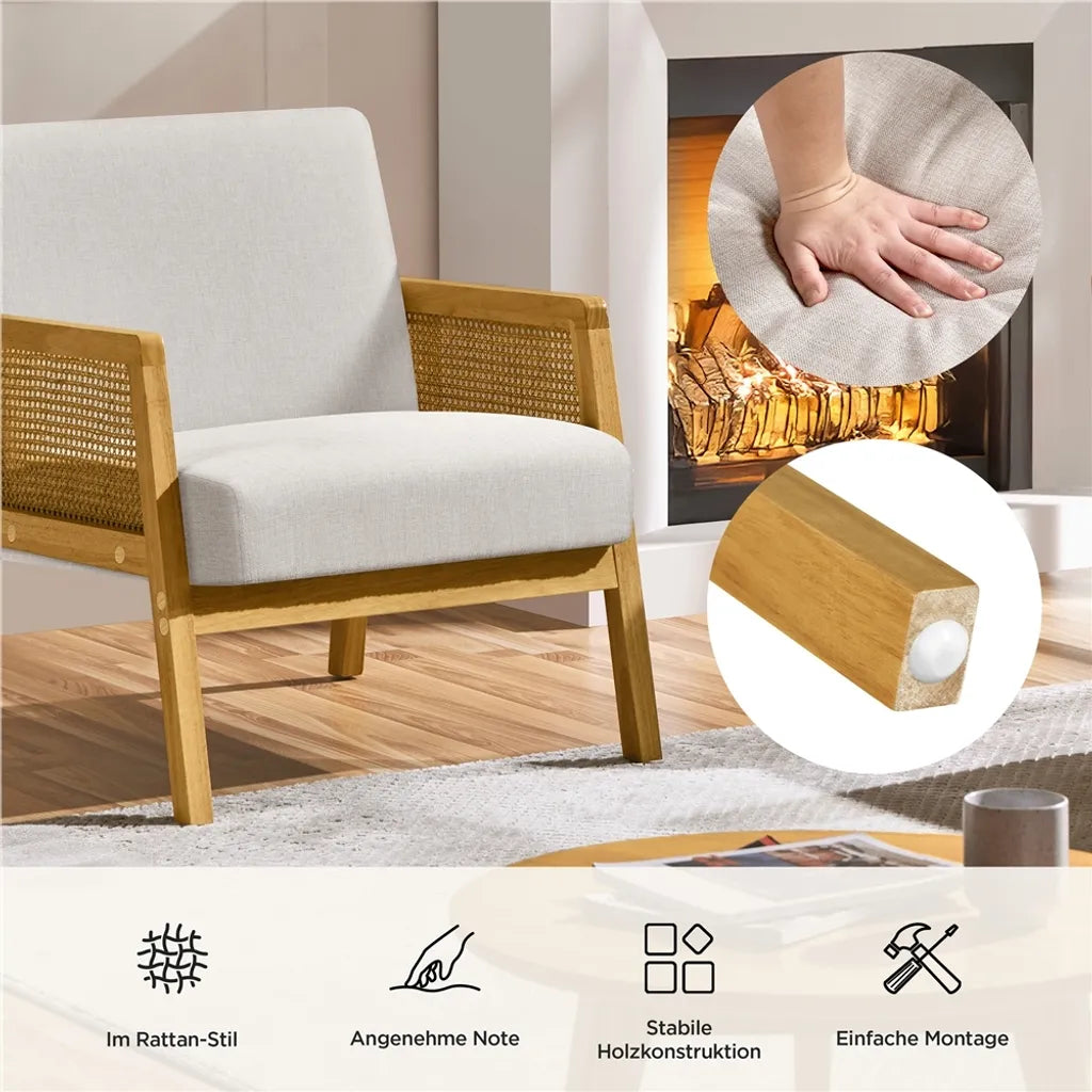 Yaheetech Sessel 65,5 x 71 x 74,5 cm – Beige – Gepolsterter Lounge-Sessel mit Rattan-Armlehnen